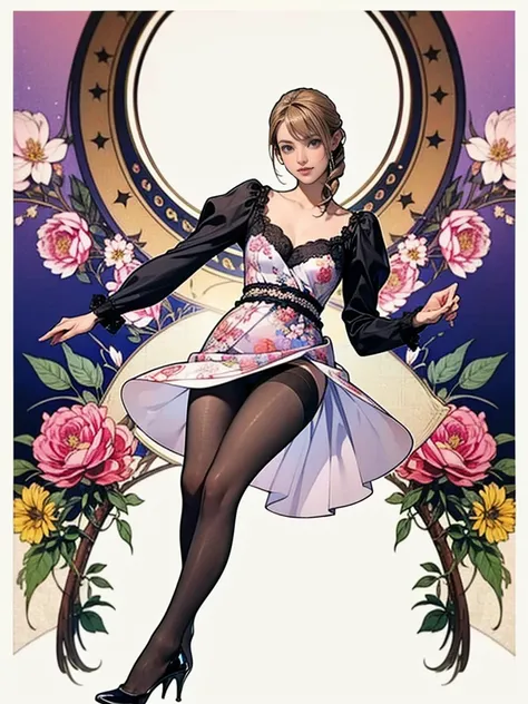 ((masterpiece)),(((Highest quality))),Thin thighs,Long legs,whole body:1.5，(One Girl:1.3),(Black pantyhose and thick pointy heels：1.3),(Wearing a floral miniskirt dress:1.2),Short Blonde:1.2、Model pose，