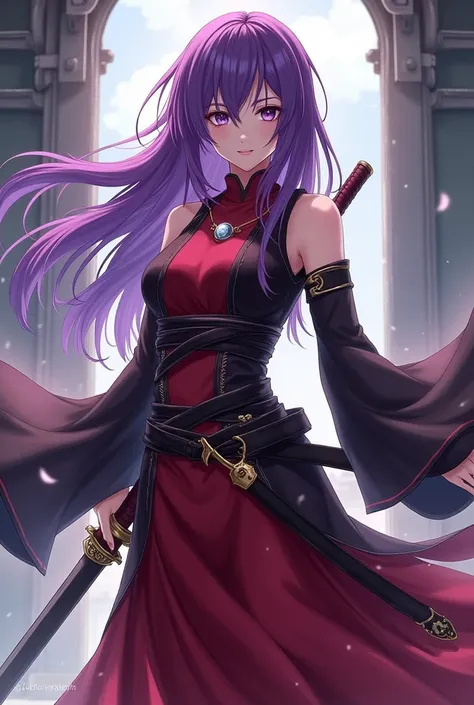 An anime swordswoman with long purple hair, red and black medium-length clothes that does not reveal her belly