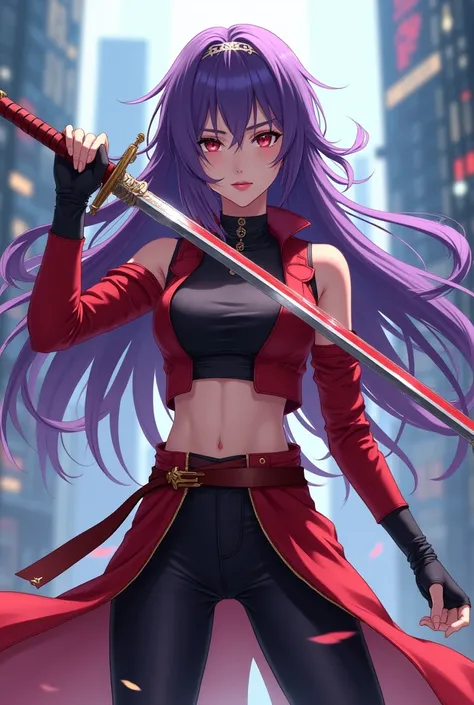 Anime female swordsman with long purple hair, red and black medium-length clothes that does not reveal her belly, modern style