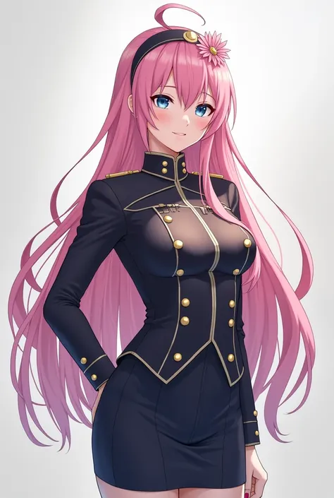 ga_milfeulle, military uniform, pencil skirt, hair flower, hairband, pink hair, long hair, blue eyes, long sleeves,