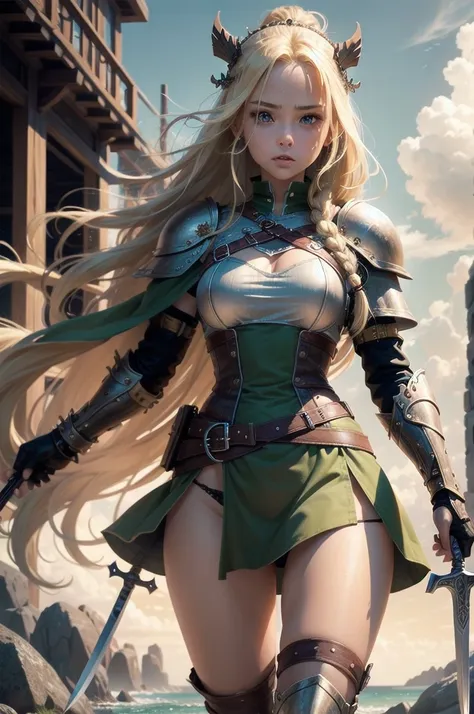 one girl, length_hair, blonde_hair, brown_hair, green_eye, open_mouth, sword, shield, null, high resolution, viking punk, standi...