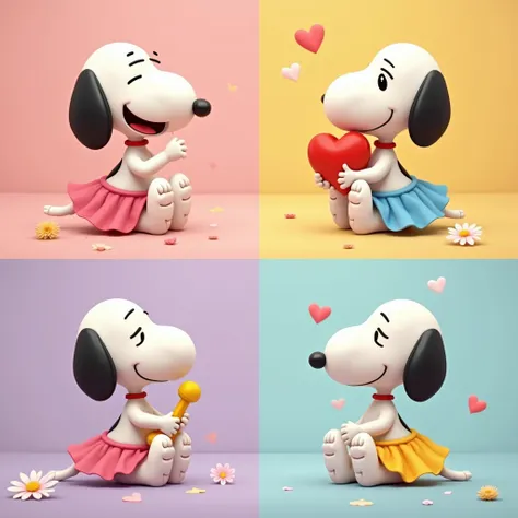 Baby Snoopy，Divide into four，Heart and flower photo frames，Baby Snoopy with four different expressions：happiness、angry、pity、happy，Each baby Snoopy wears a different color skirt, all of them have a summer look.，They are：pink color、Purple、light blue、yellow，A...