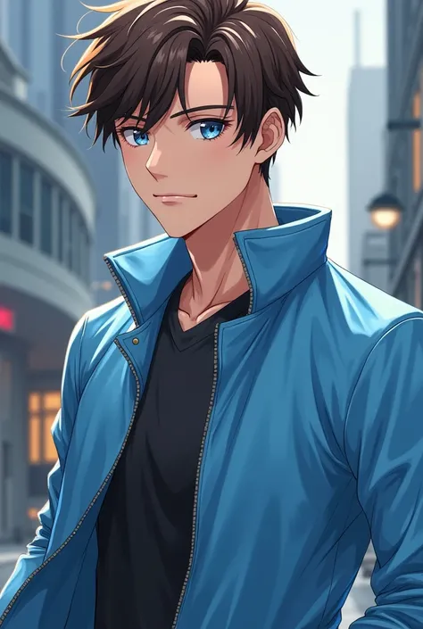 Make me a male character anime with brown hair, sky blue jacket, and blue eyes 