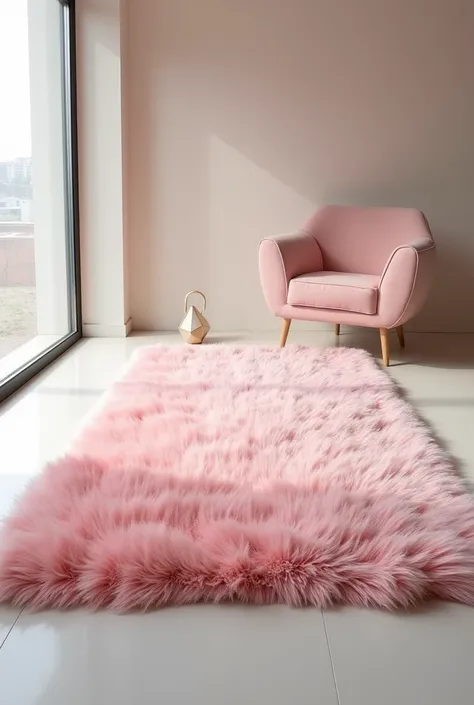 Make an image of a light pink rectangular shag rug, large and rectangular by 40mm