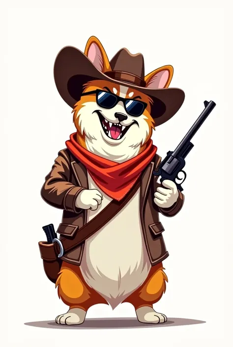 Illustration : Corgi dog cowboy, angry, stand with two leg. hold gun, wear sunglasess, 2D, white background