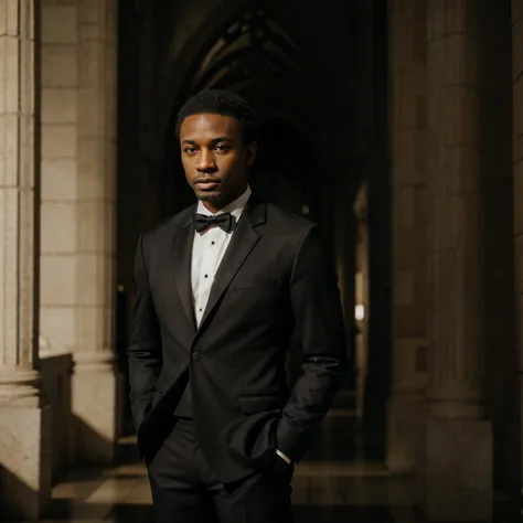 Naked black man in a tuxedo,  depth of field, blurred background, Cathedral Background,