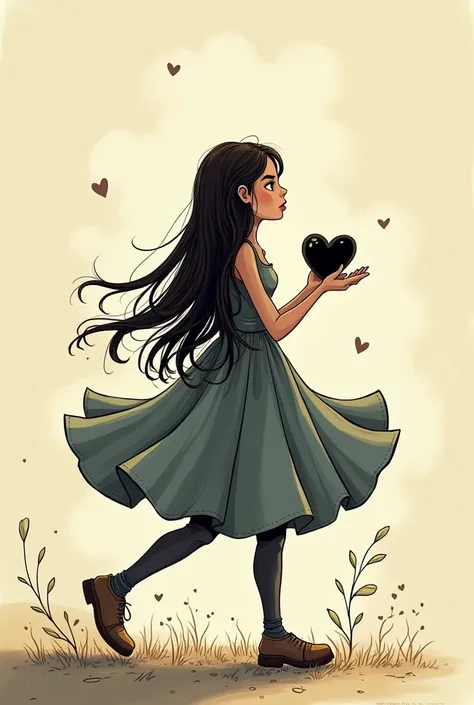 Cartoon of a long-haired woman walking with her back turned and holding a black heart