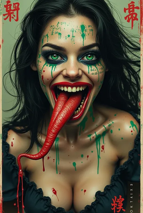 double exposure, overlay, picture in picture view through binary code hieroglyphs colorful inscriptions graffiti , micro digits, cleavage, leaned forward leaned on her feet green creepy pixar smile wide smile scream long tongue outward on the side long fan...