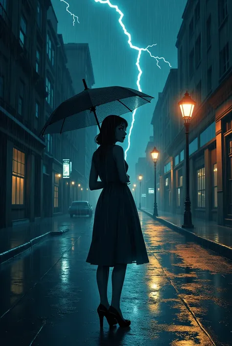 An illustrated poster of the film, beautiful woman, holding an umbrella, night, deserted street, heavy rain, street lights, half profile, looking at viewer over shoulder, lightning