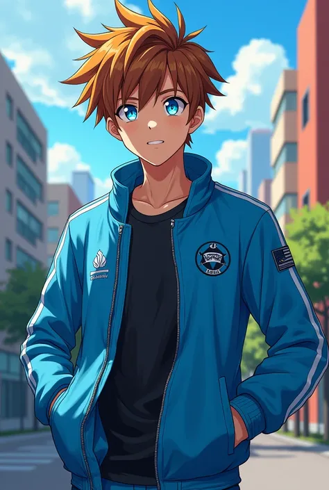 Make me a male character anime with brown hair, sky blue jaket, and blue eyes 