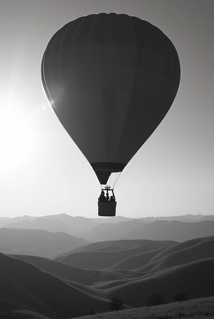 Create black and white PHOTO OF A hot air balloon  in the air with a  9 ears old child in it the balloon and balloon  goes over rolling hills. On Paper size is 6 width x9 hight Inches 