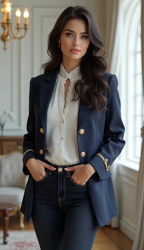 (8K, ultra detailed, elegant, realistic:1.3), 1 beautiful woman, (full view), long dark hair, loose and slightly wavy, (confident and secure look), dressed in a formal style navy blue blazer with gold buttons and details on the sleeves, Under the blazer sh...