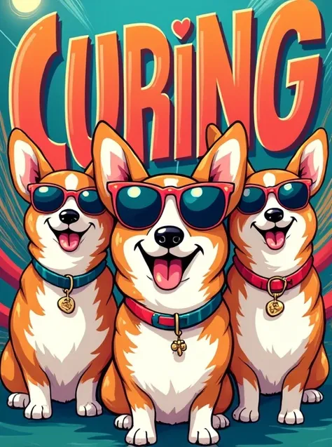 Typography illustration background Smiling cute corgi dog wearing sunglasses group masterpiece, Best Quality, Afterimage, Illustration effect for posters and magazines, Background and frame have rounded corners, moving line, Pop Art, Rococo, anime, 