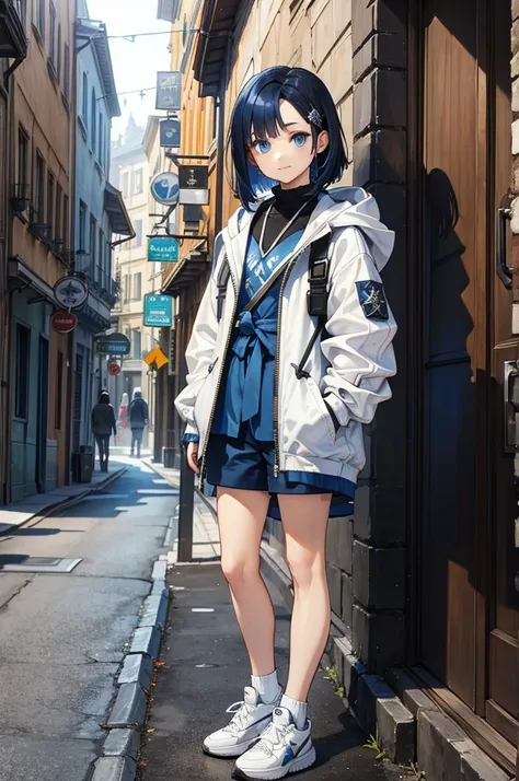 medieval streetscape、young face, white jacket,medium hair, black and blue hair,blue eyes, i wore shorts、wear sneakers