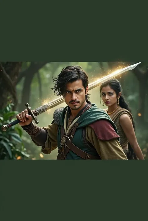 design a cinematic fantasy poster featuring the confident young handsome male protagonist. he stands at the center, wearing warrior outfitt, his expressions is confident and intense, his guest for truth and revenge, hold a magical sword in his hand to his ...