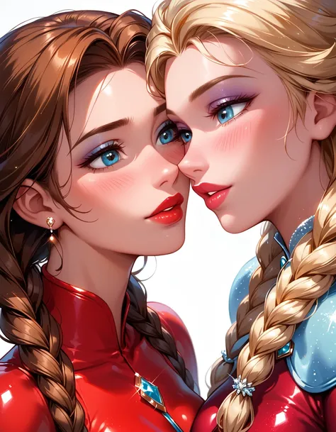 score_9, score_8_up, score_7_up, rating_questionable, epiCPhoto, 2girls, duo, couple, yuri, very sexy (Disneys Elsa, blonde, braid, wearing sexy red pvc catsuit:1.2), looking away embarrassed, blush, and (Disneys Anna, brown hair, braided pigtails, wearing...