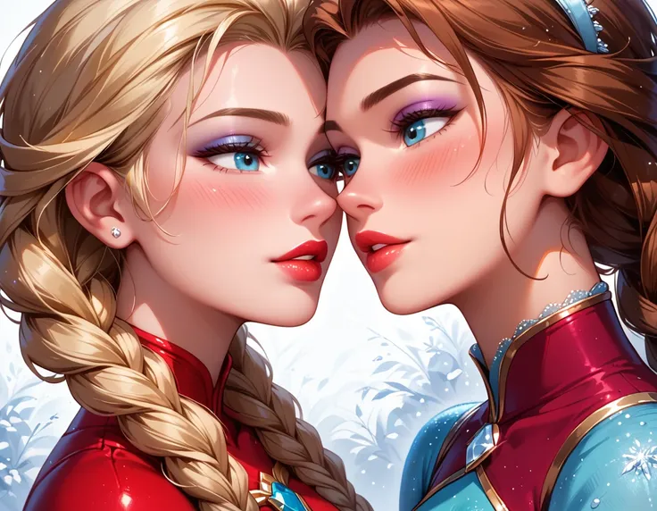 score_9, score_8_up, score_7_up, rating_questionable, epiCPhoto, 2girls, duo, couple, yuri, very sexy (Disneys Elsa, blonde, braid, wearing sexy red pvc catsuit:1.2), looking away embarrassed, blush, and (Disneys Anna, brown hair, braided pigtails, wearing...