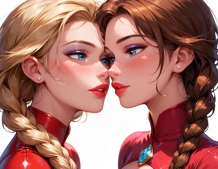 score_9, score_8_up, score_7_up, rating_questionable, epiCPhoto, 2girls, duo, couple, yuri, very sexy (Disneys Elsa, blonde, braid, wearing sexy red pvc catsuit:1.2), looking away embarrassed, blush, and (Disneys Anna, brown hair, braided pigtails, wearing...