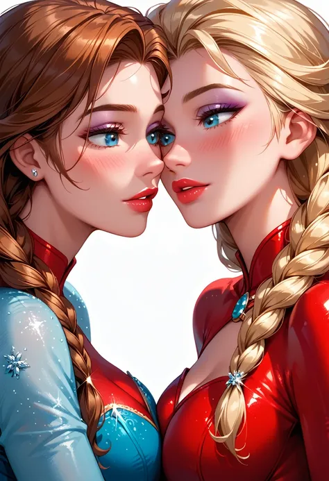 score_9, score_8_up, score_7_up, rating_questionable, epiCPhoto, 2girls, duo, couple, yuri, very sexy (Disneys Elsa, blonde, braid, wearing sexy red pvc catsuit:1.2), looking away embarrassed, blush, and (Disneys Anna, brown hair, braided pigtails, wearing...