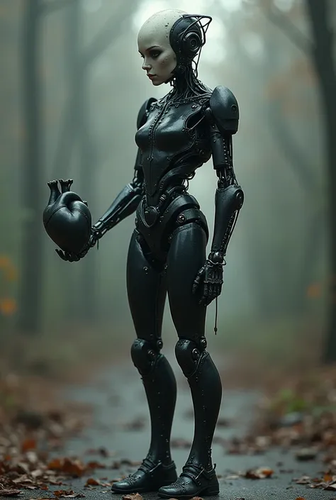 Half human, half robot standing holding a black heart on the left side.