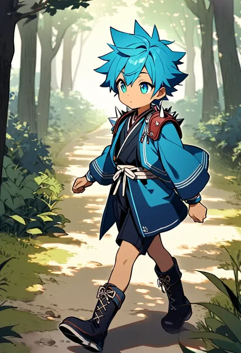 1 boy, light skin, cyan eyes, short spiky hair, young, cute, walking, samurai shoulder pads, blue haori, boots, forest landscape