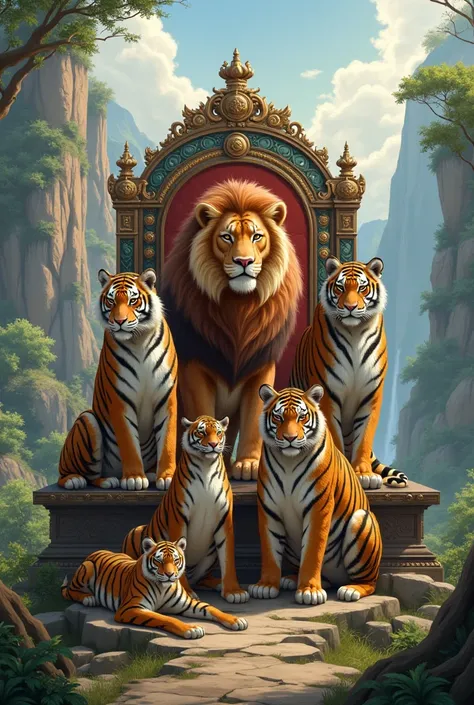 Lion family sit on senghasan with tiger family  with lepord family 