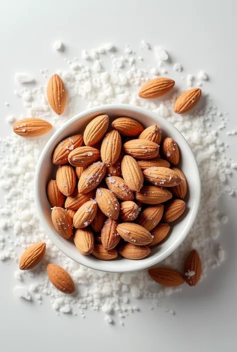 Salted almonds in Bowl and salt on it  top view with attractive (text khao healthy khilao healthy)