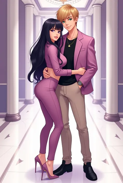 creates an image of an attractive young woman with a creamy white complexion, long, night-black hair with bangs, Purple eyes like amethyst, dressed in a pink suit, top crop negro, pink blazer, pink pants, heels. An attractive young man with creamy white co...