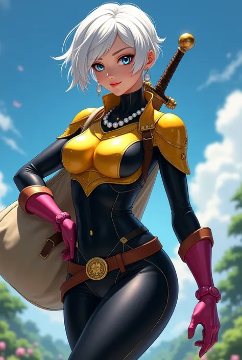 (masterpiece, best quality:1.1), thief (dq3), 1girl, solo, short hair, white hair, blue eyes, medium breasts, pink gloves, jewelry, pearl necklace, earrings, belt, sword, yellow breastplate, black bodysuit, bag, (coin, sword on hip:1.2), (dutch angle, dyna...