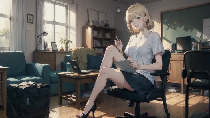 blond girl, white t-shirt, black school skirt, black heels, sitting behind pc, morning light, cozy living room in background, smiling, and working on pc