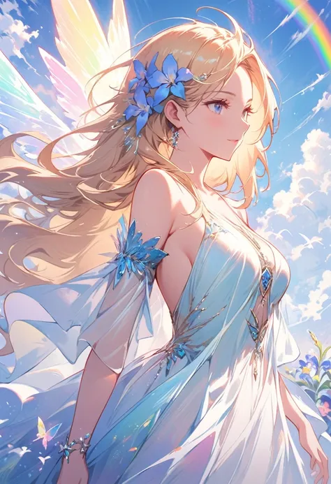 (((Masterpiece))), (((Best quality))), ((Ultra-detailed)),(Highly detailed CG illustration), ((An extremely delicate and beautiful)),Cinematic light, Create stunning fantasy artwork，Fairy fantasy，hoang lap，greek myth，Iris is the goddess of the rainbow，A yo...