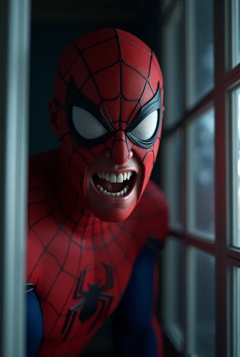 Spiderman seeing something by window with very angry face at home 