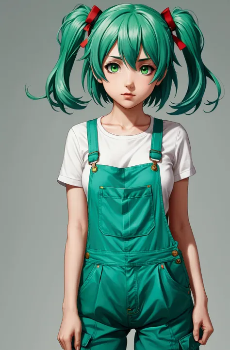 a drawing of a girl with green hair and green overalls, , shirabii, full body portrait of a short!, small  girl, anime moe artst...