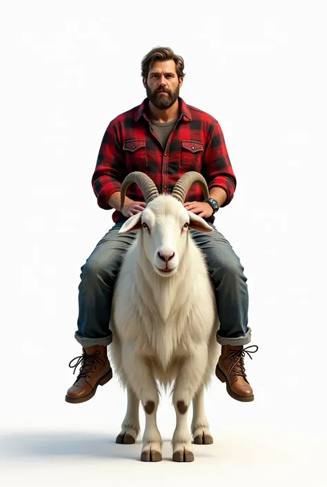 Create a white man with red plaid and jeans riding a white goat and white background 