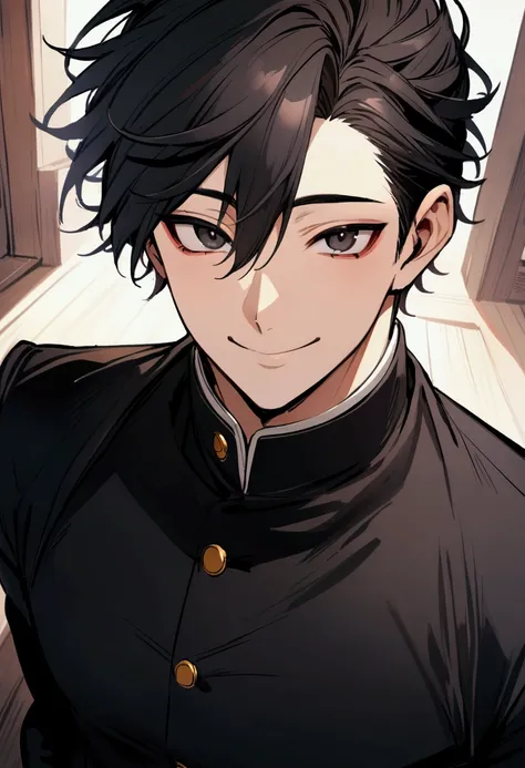 Best quality, Black hair , 1 male, big black eyes, Black Gakuran , Neat attire , Smiling