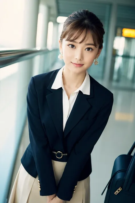 Show me the woman who will amaze everyone..、Women like Audrey Hepburn、Looks like Grace Kelly、Fitted navy blue striped pattern、The collar should be a little more open、Looking up from the waist、Shortcuts、Bob Hair、He looks very happy、Looking straight ahead wi...