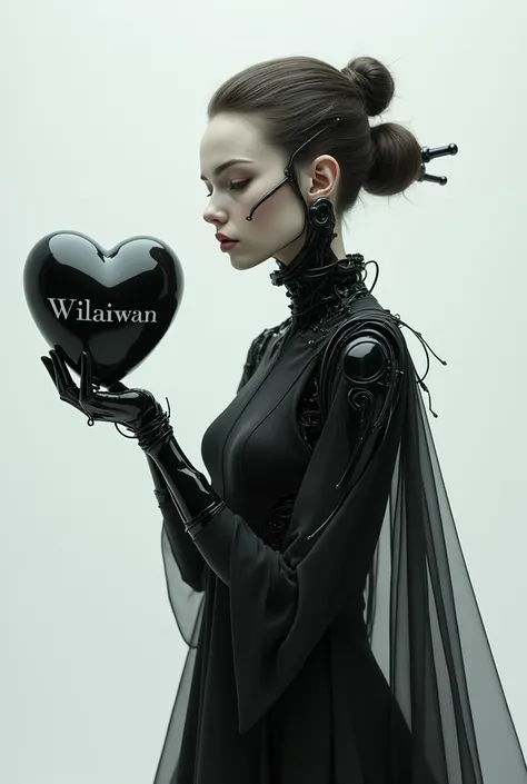 Half human, half robot woman standing holding a black heart on the left side. Inside the heart is the word Wilaiwan.