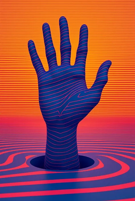 "A vibrant Op Art illusion featuring a hand emerging from a flat canvas. The background consists of horizontal orange lines running across the entire canvas. Inside the hands outline, the lines bend upwards, creating a 3D effect as if the hand is coming ou...