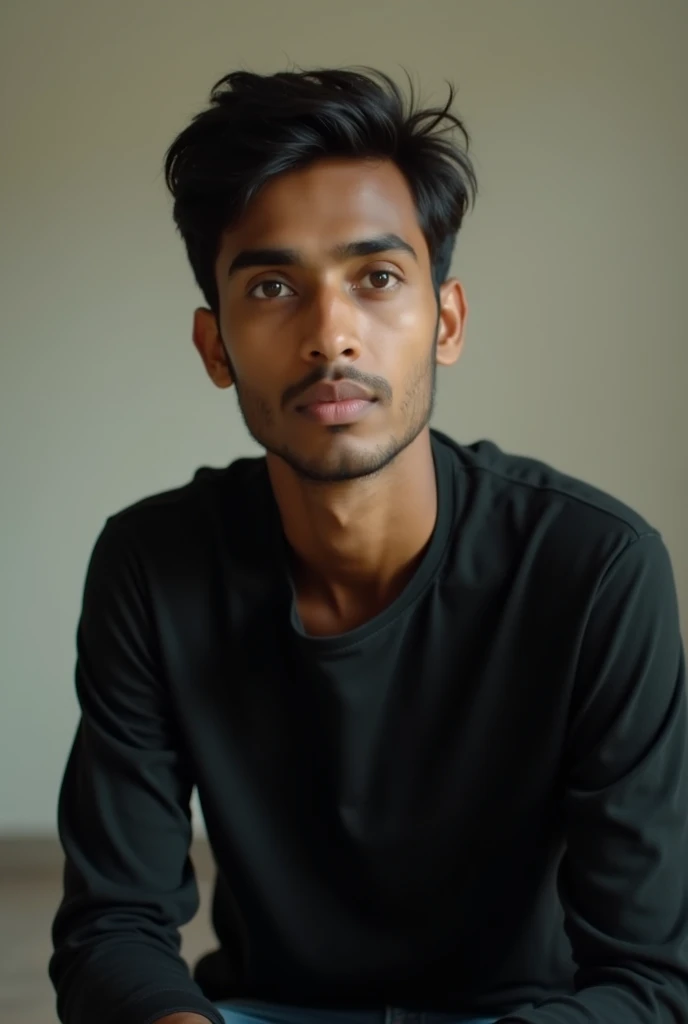 a indian boy wearing black shirt, facing cam like podcast, shot on iphone , half body