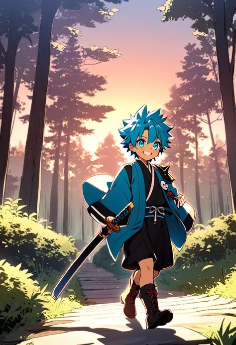 1 boy, light skin, cyan eyes, short spiky hair, young, cute, walking, smiling, holding an katana, samurai shoulder pads, blue haori, black waistband, boots, forest landscape, sunset