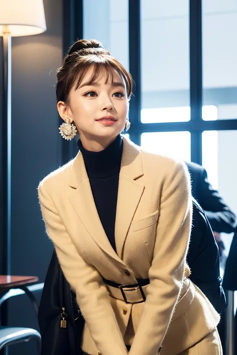 Show me the woman who will amaze everyone..、Women like Audrey Hepburn、Looks like Grace Kelly、Fitted navy blue striped pattern、The collar should be a little more open、Looking up from the waist、Shortcuts、Bob Hair、He looks very happy、Looking straight ahead wi...