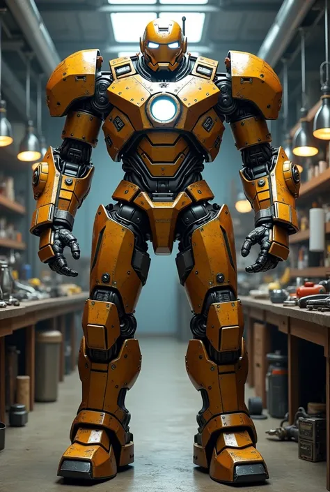 A robot suit reminiscent of the mark 1 ironman suit that is 2 meter tall