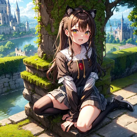 Rainbow brown hair、Rainbow Eyes、Wavy Hair、Hair tied up、Two cute、Checked mini skirt、Black T-shirt、Cat ear hood、Black knee-high socks、Teeth are visible、Monster Castle、Tilting face、lawn、In front of the city gates、The stone is cracked、Uneven ground、Stone Wall、...