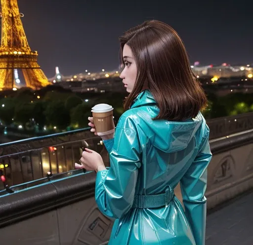 back view, woman completely , turquoise latex raincoat ultrarealist, meticulously detailed, brown hair,  (average hair length),  young women, cup in hand, on the street, Night, suit, outside, TERRACE coffee, evening, at the Eiffel Tower,Accuracy, high reso...