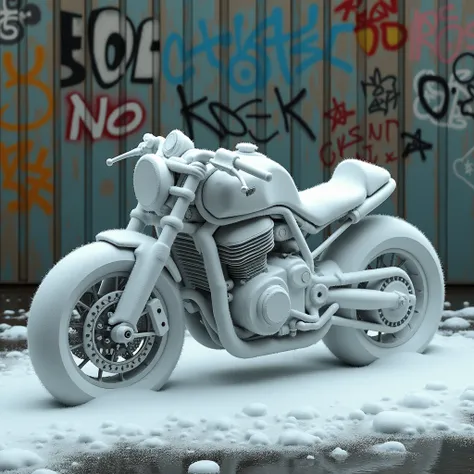 A motorcycle covered in soap foam and on the background wall a graffiti that is no less dirty 