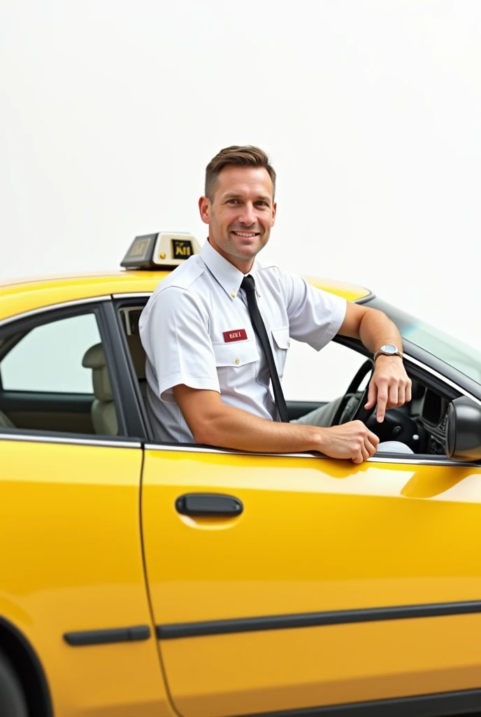 Create a white male taxi driver with white clothes inside a yellow taxi and white background 