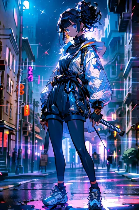 Cathedral in the background、Medieval street at night,　Shining Star、Wide Road、Young Face, White jacket,Medium Hair, Black and blue hair,blue eyes, I wore shorts、Wear sneakers、One sheathed sword on your waist