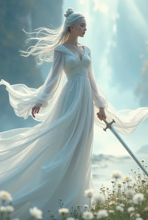 A beautiful empress, Crystal clear skin, Beautiful appearance, deep wisdom in her eyes, as if she had seen through everything in the world, dressed in a beautiful white robe, A longsword in hand, Dancing robes in the wind and silver hair, The one that flut...