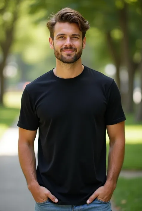 (A man in his mid-20s, wearing a plain black T-shirt, with short brown hair and a light beard. He has an athletic build and stands casually outdoors, in natural lighting, with a blurred park background. The T-shirt fits well, giving him a relaxed and styli...