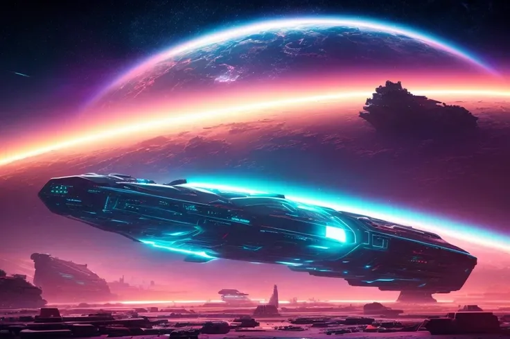 A vast futuristic space landscape, advanced spacecraft, interstellar cities, dramatic lighting, cinematic composition, hyper-detailed, intricate mechanical designs, dynamic camera angle, volumetric atmospheric effects, neon-infused cyberpunk aesthetic, vib...